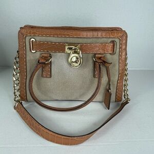 Michael Kors Hamilton Natural Canvas Leather Croc Shoulder Bag